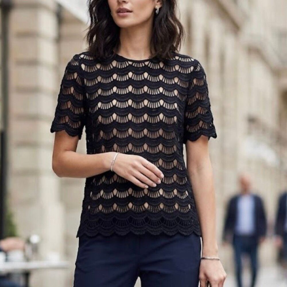 Kate Spade scalloped fan lace fully lined black cream blouse size 4 crochet roma